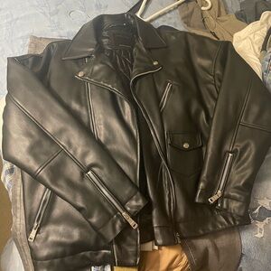 Zara Black Leather Bomber Biker Jacket